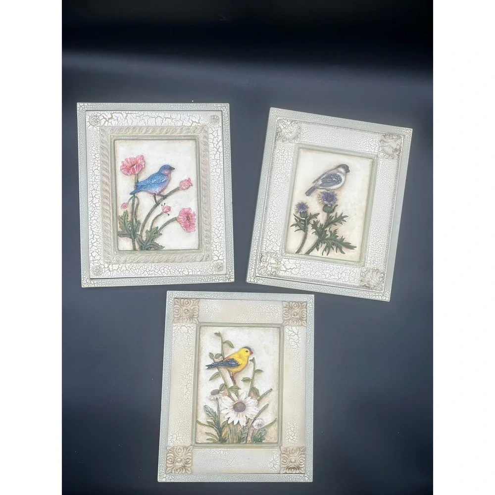 3pc Vtg Bird Wall Plaques Crackle Frame Bluebird Goldfinch Sparrow Art 8.5x7